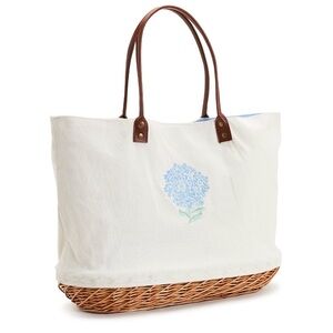 Twos Company Hydrangea Basket Tote Cottagecore Embroidered Picnic Spring
